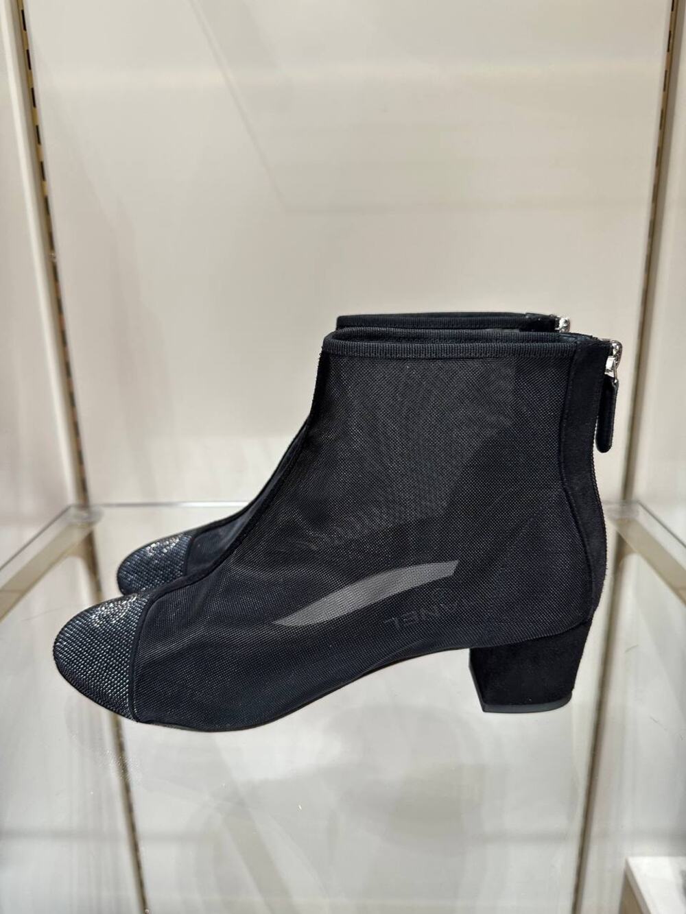 Chanel Black Mesh Ankle Boots Crystal CC Logo Sz.39
